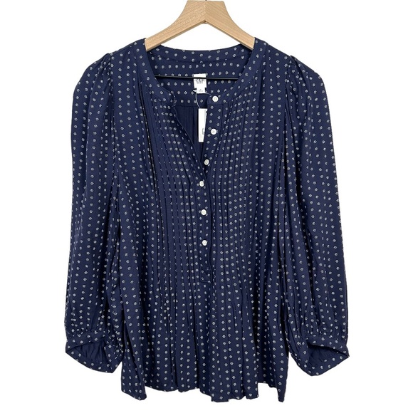 NWT GAP Navy Blue Dot Print Pintuck Pleated Blouse Size M Boho Preppy Office - Picture 5 of 8